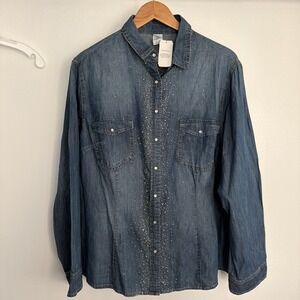 This & That Womens Denim Western Pearl Snap Blouse Top With Bling Size XXL NWT